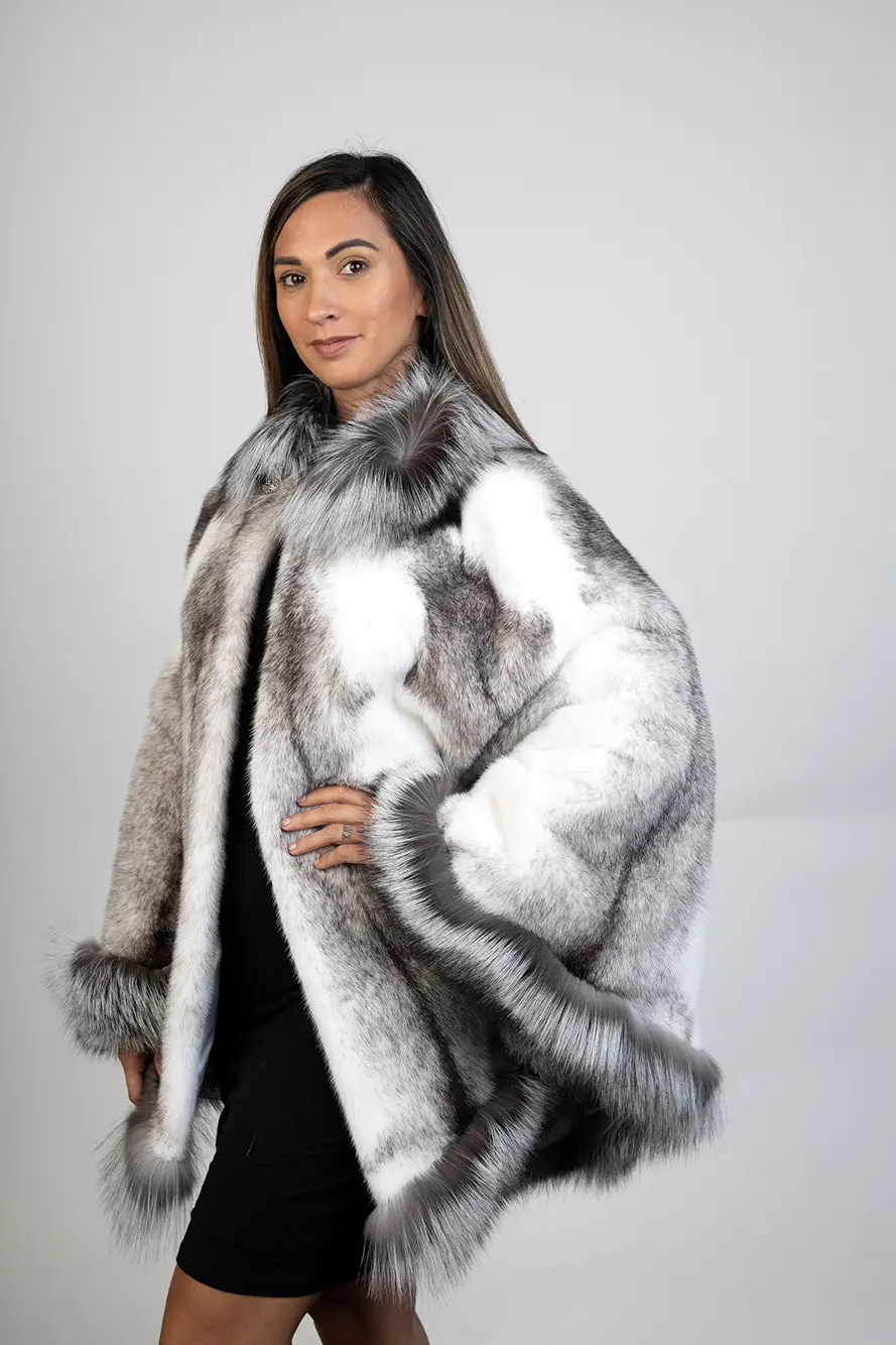 Black Cross Mink Cape with Silver Fox Trim