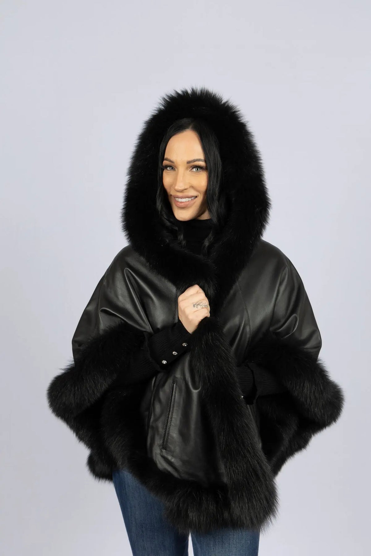 Black Leather Reversible Poncho with Fox Trimmed Hood