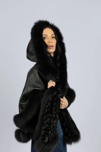 Black Leather Reversible Poncho with Fox Trimmed Hood