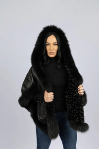 Black Leather Reversible Poncho with Fox Trimmed Hood