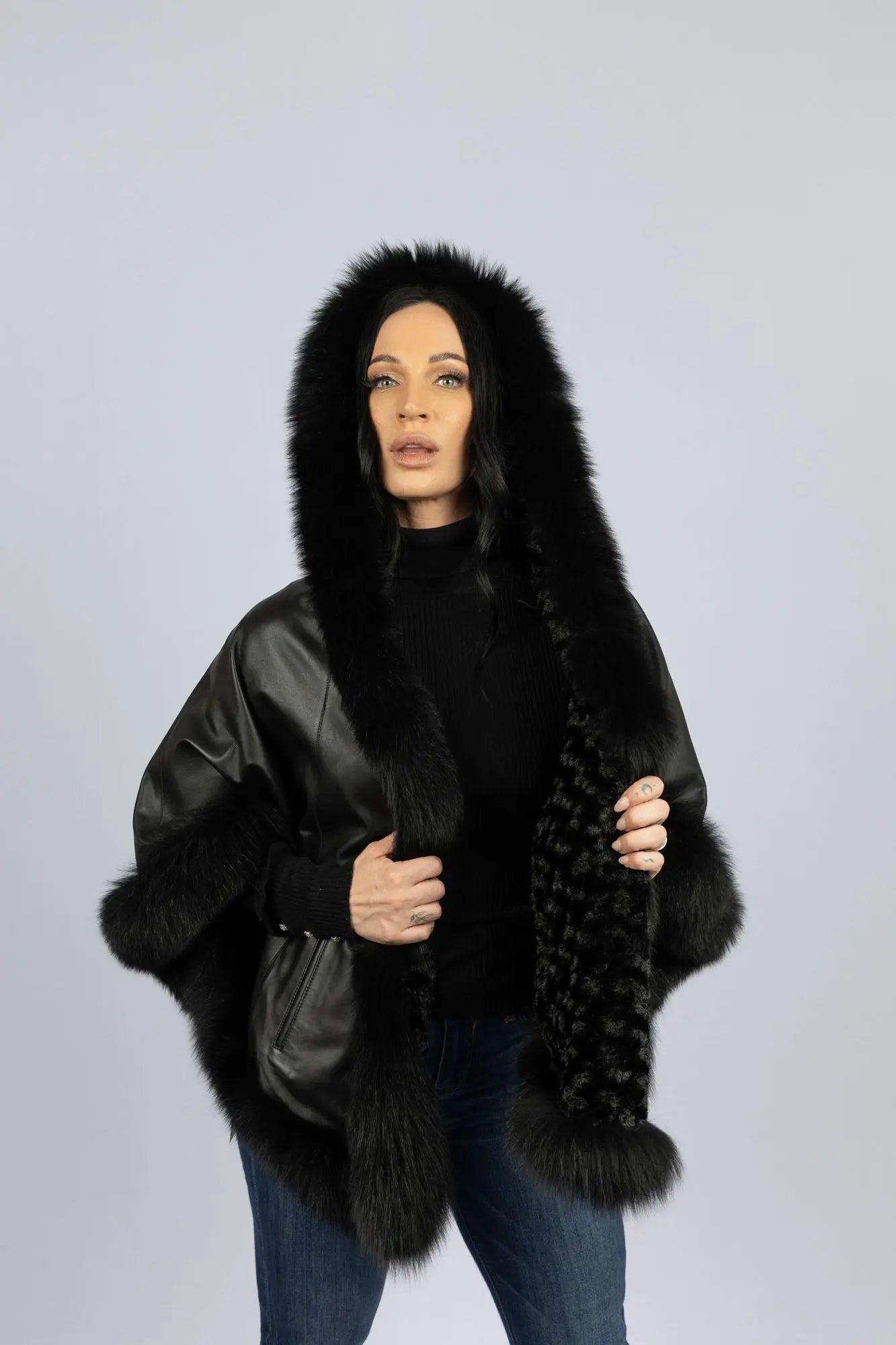Black Leather Reversible Poncho with Fox Trimmed Hood – LaBelle
