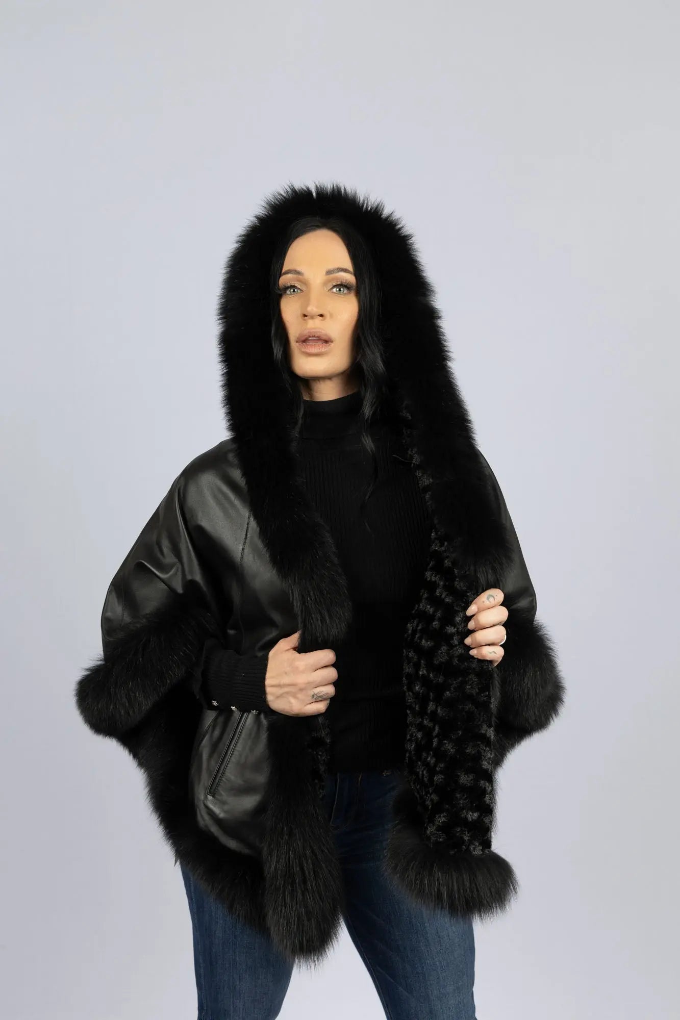 Black Leather Reversible Poncho with Fox Trimmed Hood