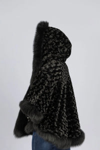 Black Leather Reversible Poncho with Fox Trimmed Hood