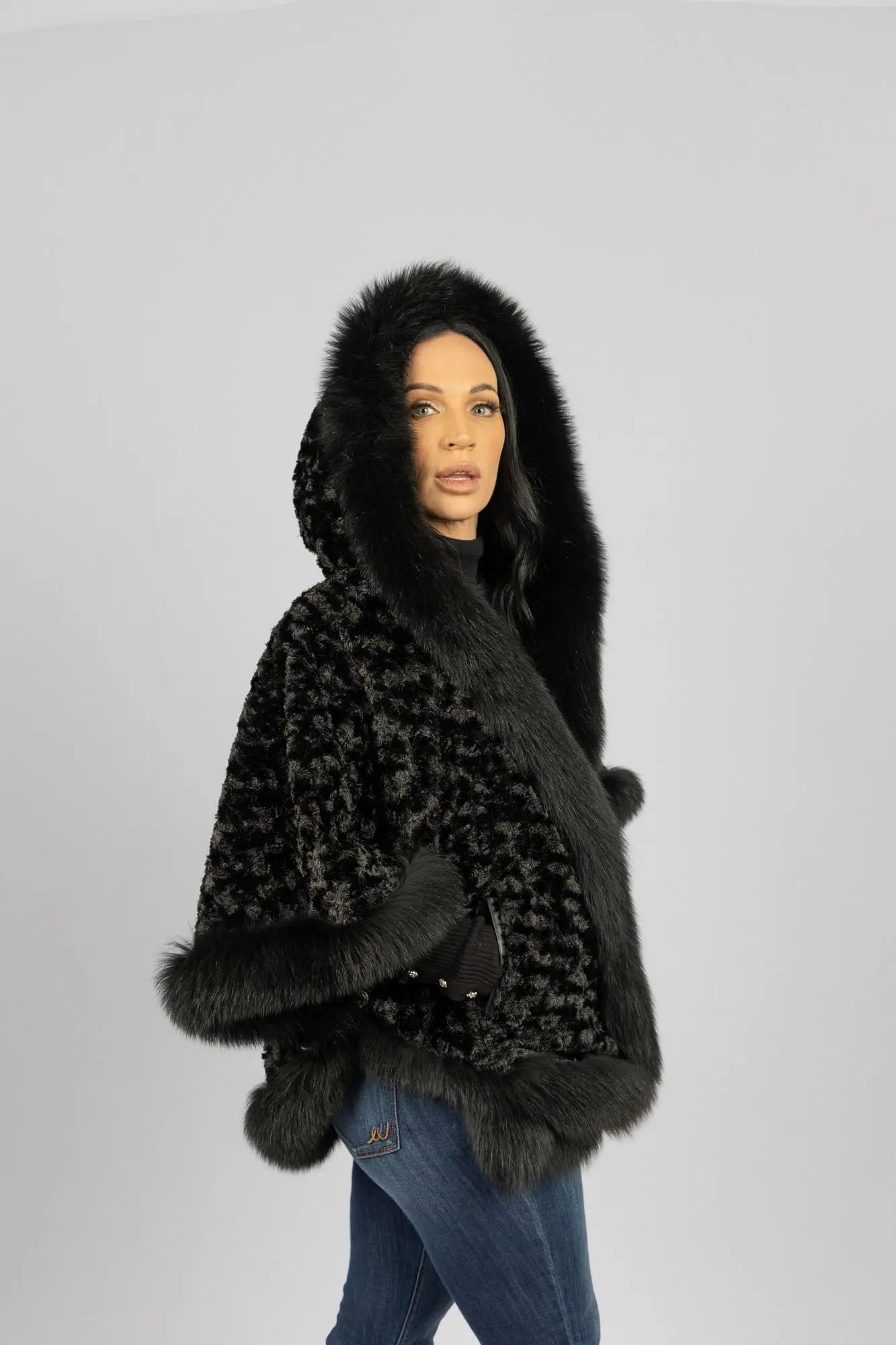 Black Leather Reversible Poncho with Fox Trimmed Hood – LaBelle