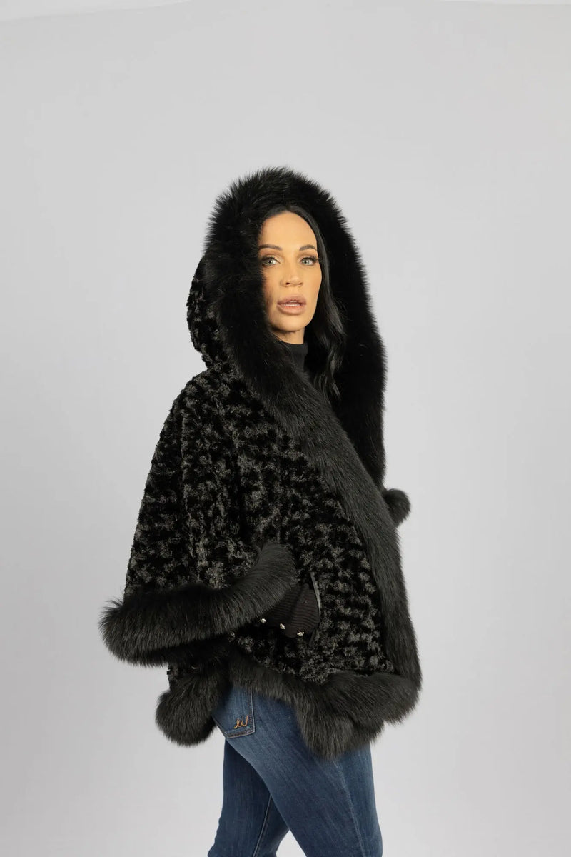 Black Leather Reversible Poncho with Fox Trimmed Hood