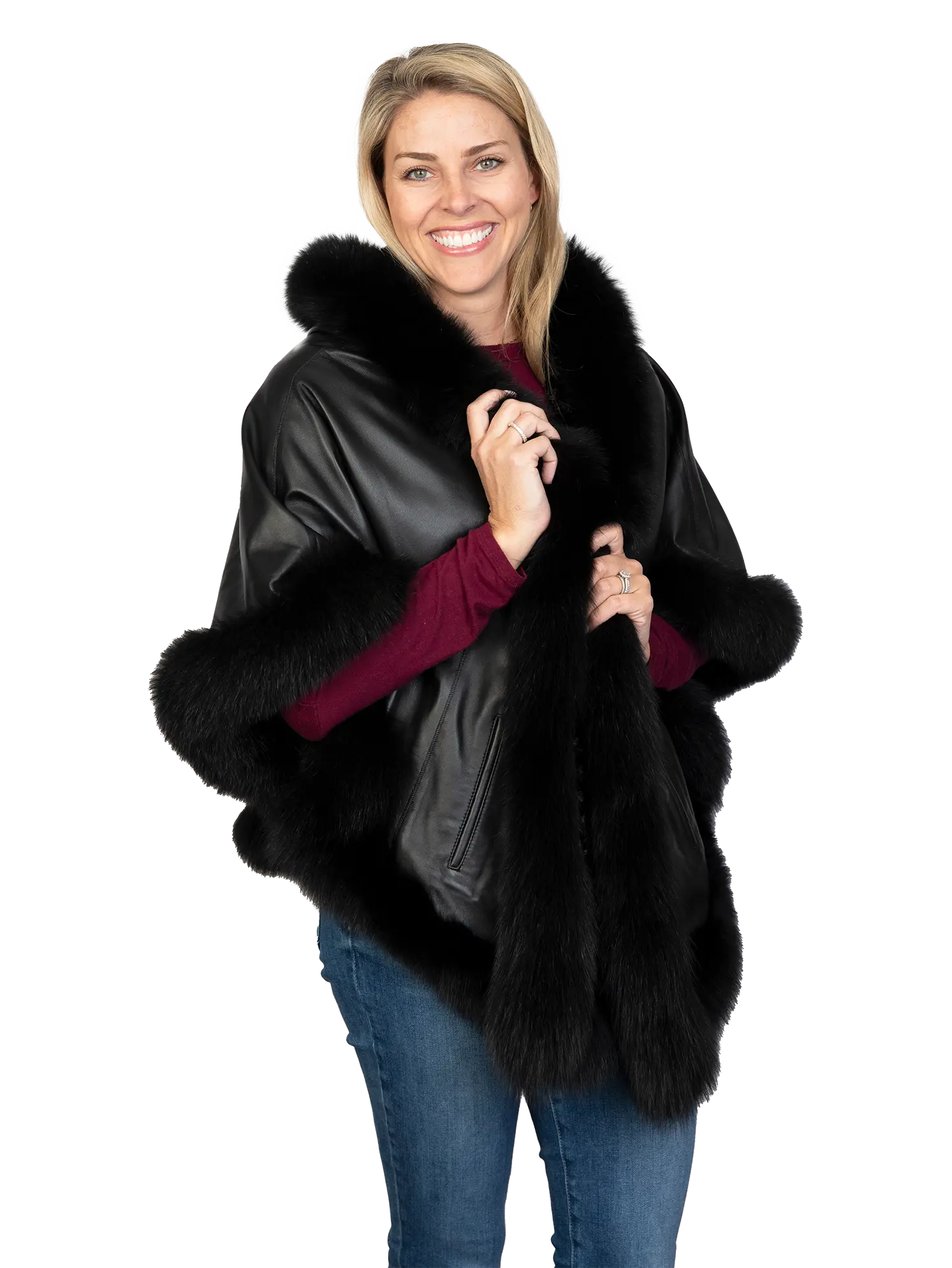 Black Leather Reversible Poncho with Fox Trimmed Hood