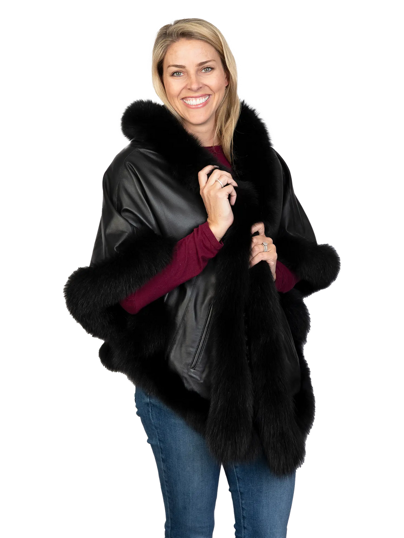Black Leather Reversible Poncho with Fox Trimmed Hood