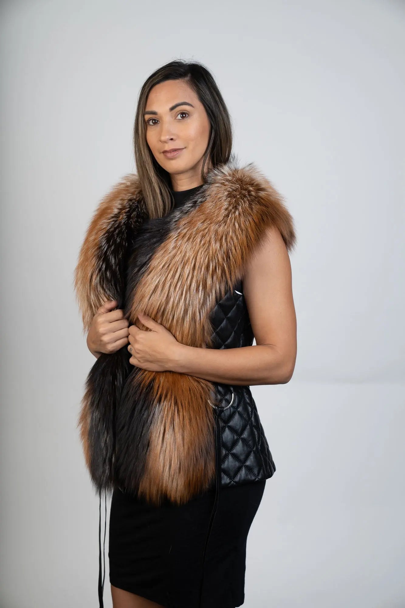 Black Leather & Silver Brown Fox Vest