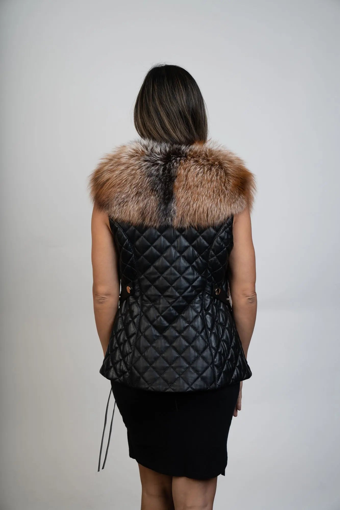 Black Leather & Silver Brown Fox Vest