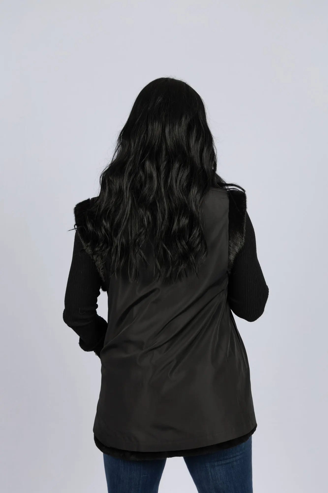 Sheared Mink Reversible to Taffetta Vest with Long Hair Trim