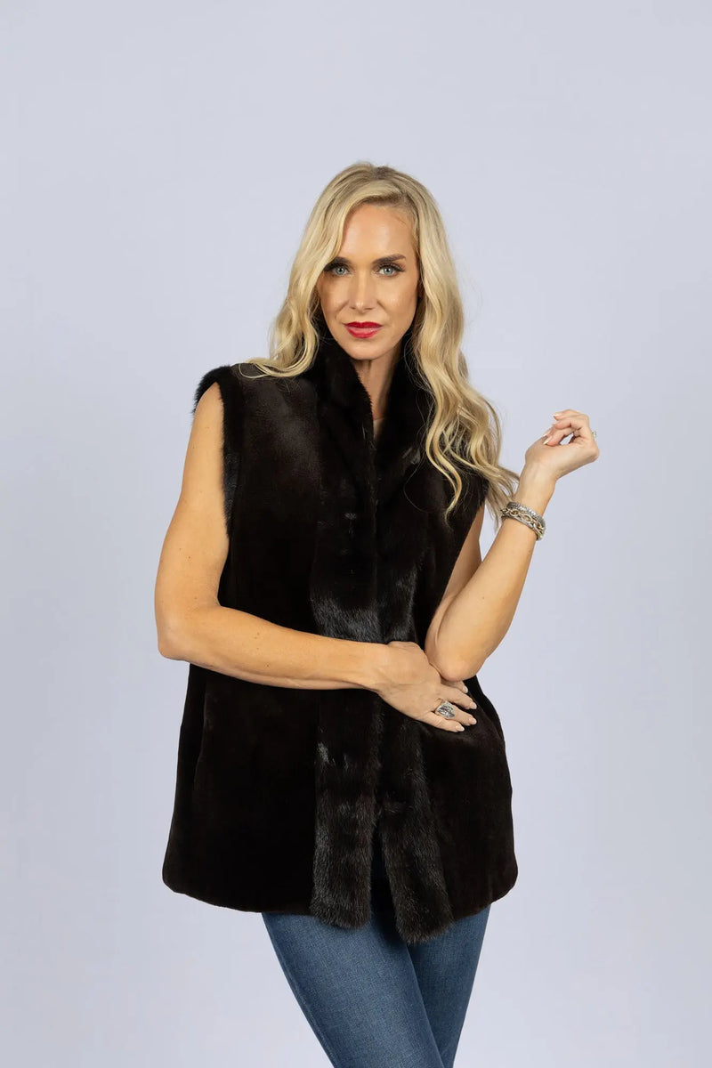 Sheared Full Skin Mink Reversible to Tafetta Vest with Trim