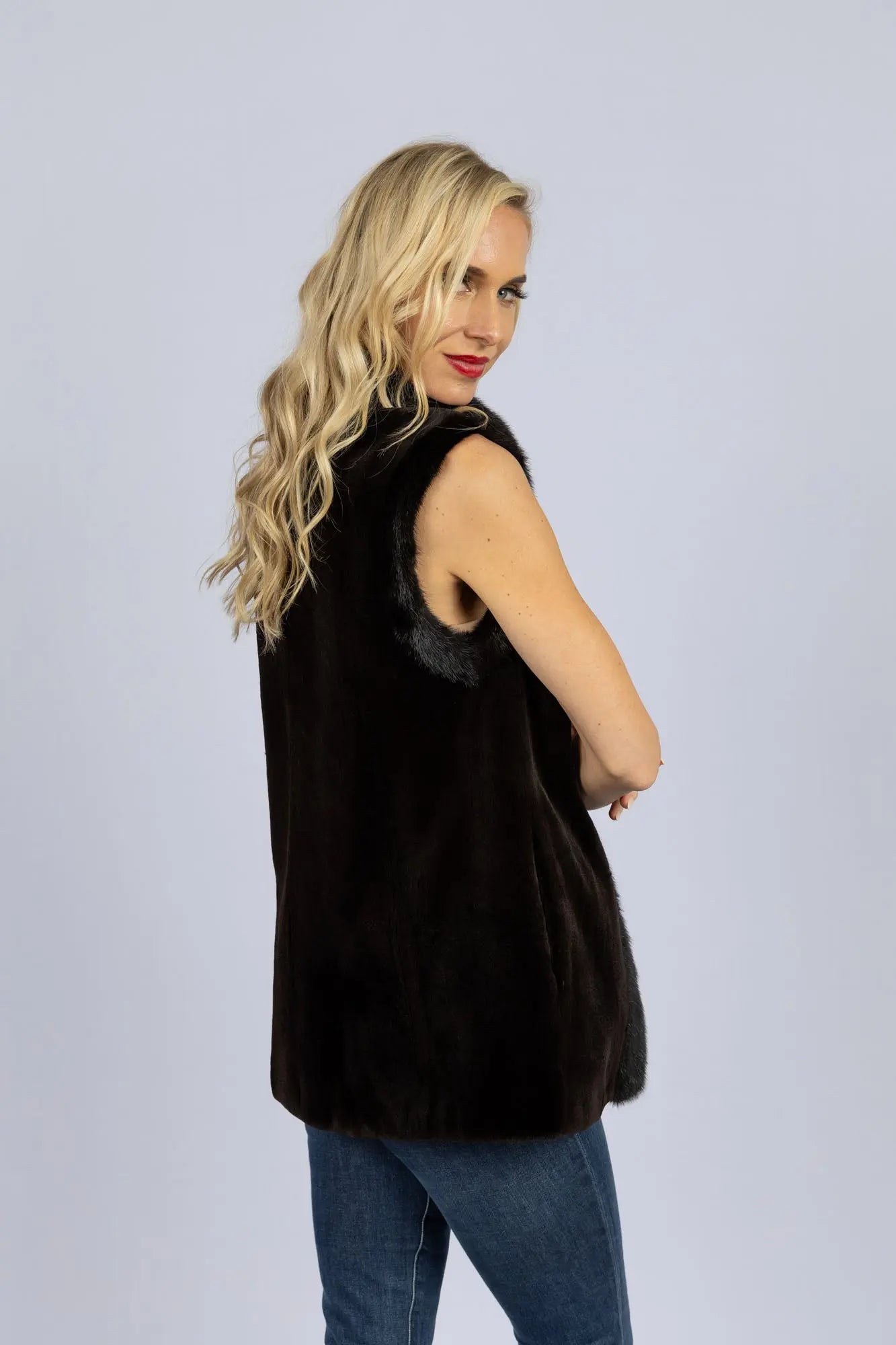 Sheared Mink Reversible to Taffetta Vest with Long Hair Trim