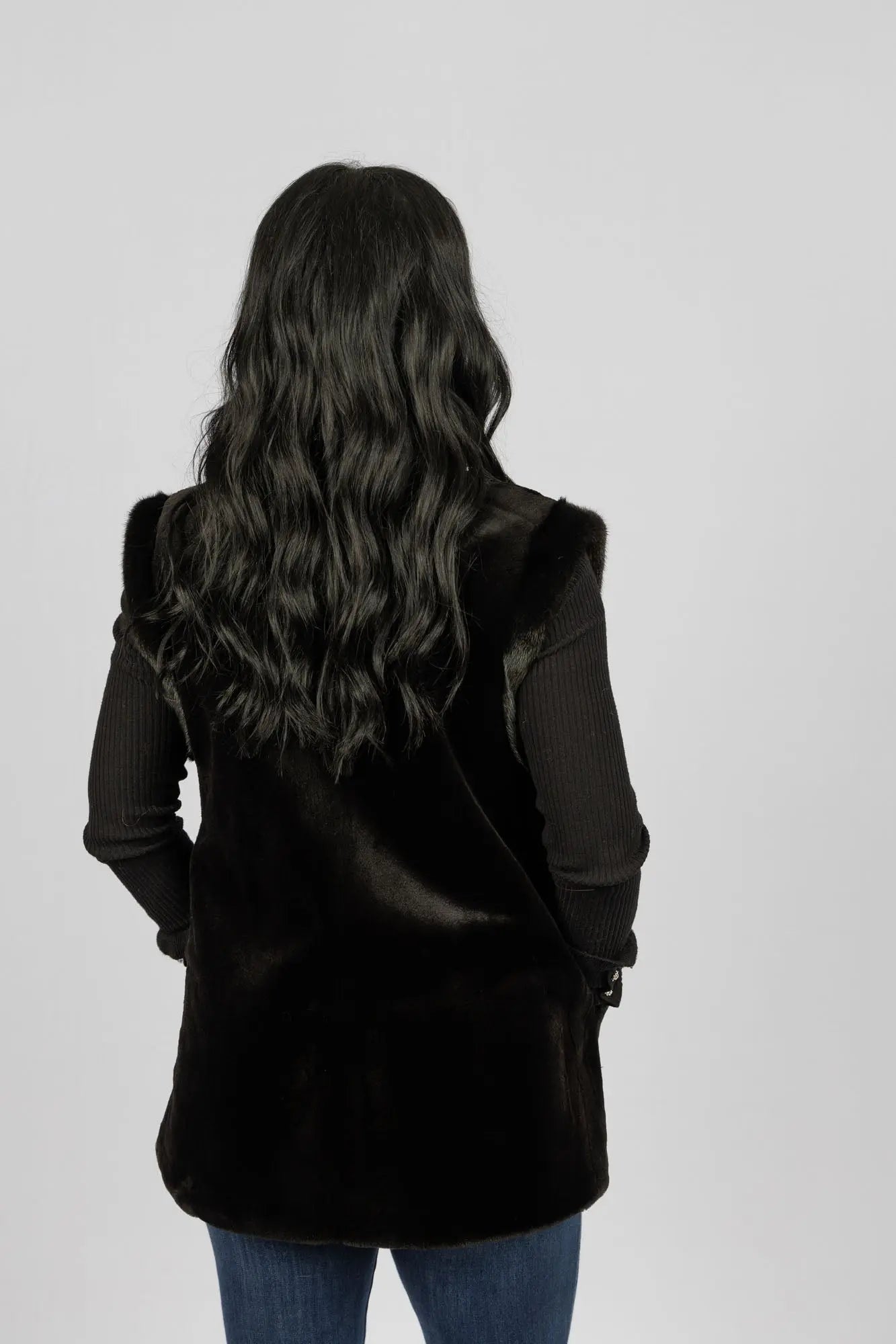 Sheared Mink Reversible to Taffetta Vest with Long Hair Trim