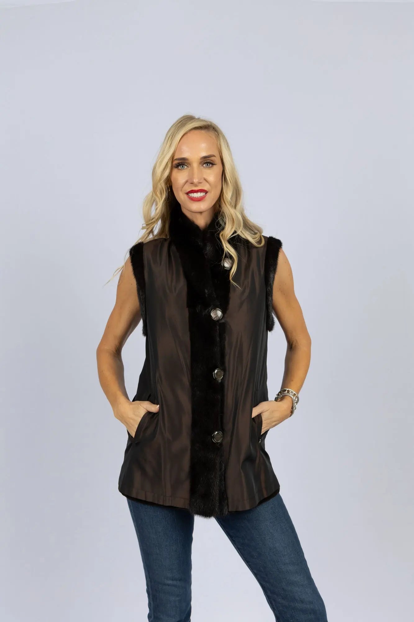 Sheared Mink Reversible to Taffetta Vest with Long Hair Trim