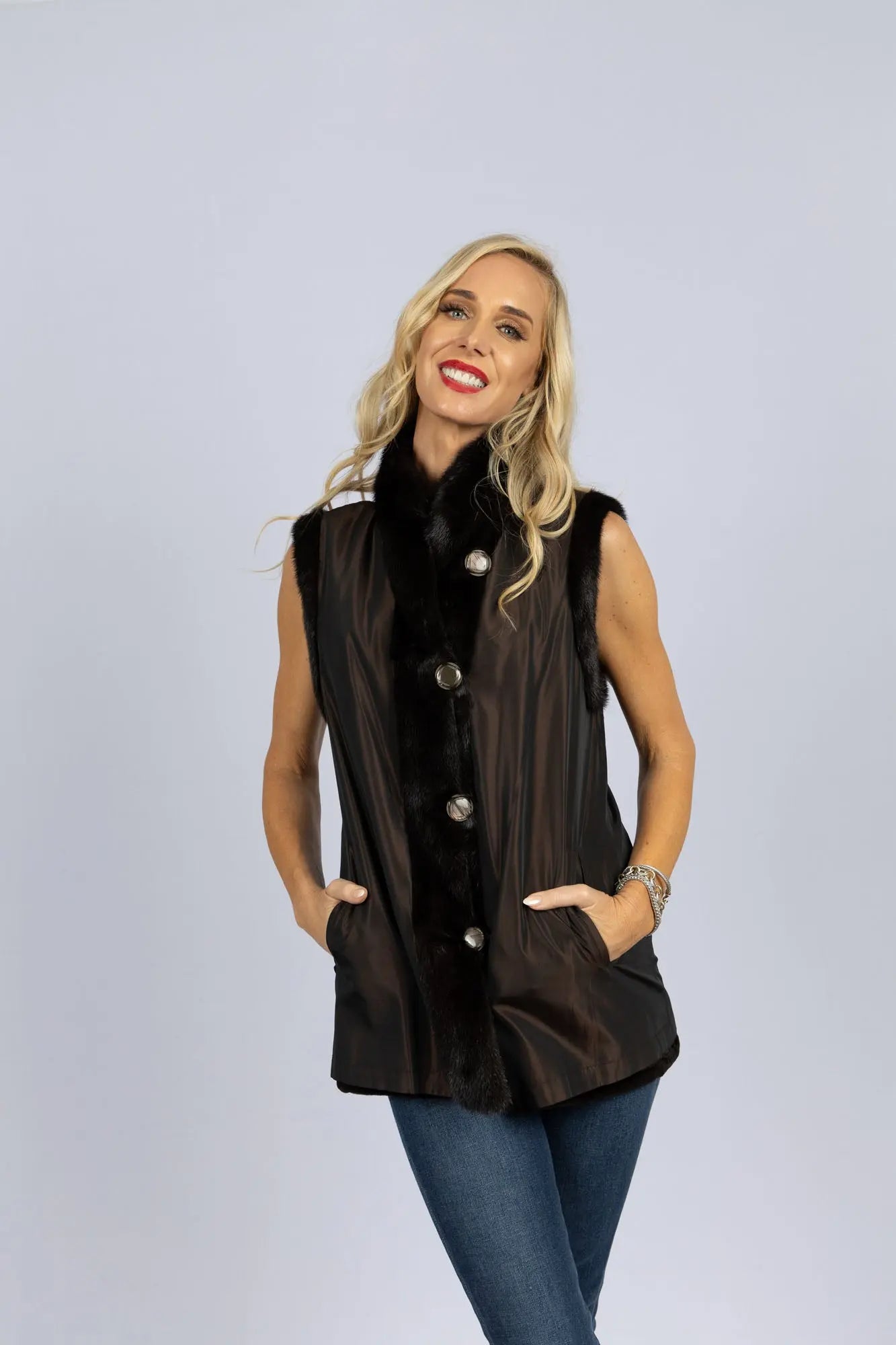 Sheared Mink Reversible to Taffetta Vest with Long Hair Trim