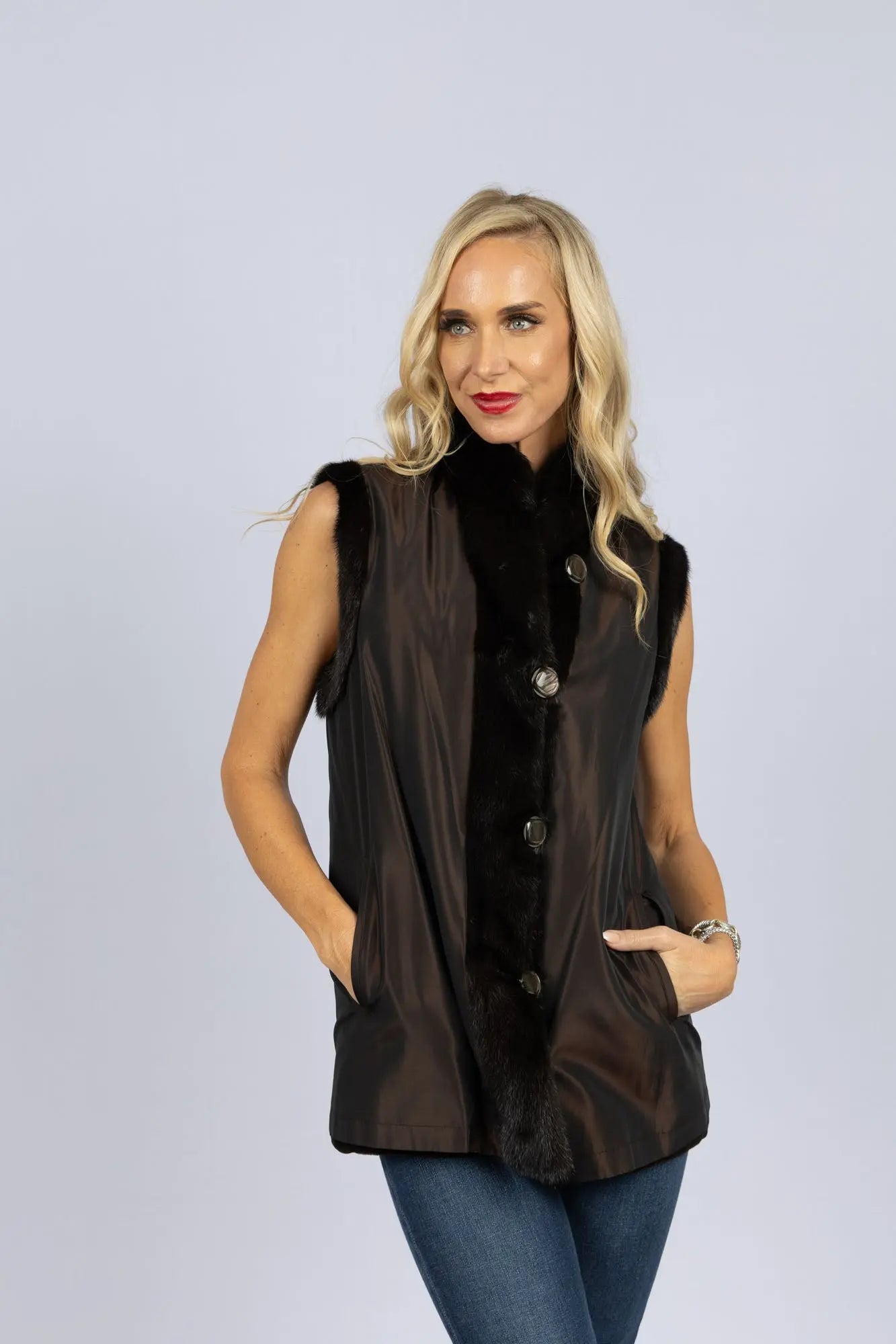 Sheared Mink Reversible to Taffetta Vest with Long Hair Trim