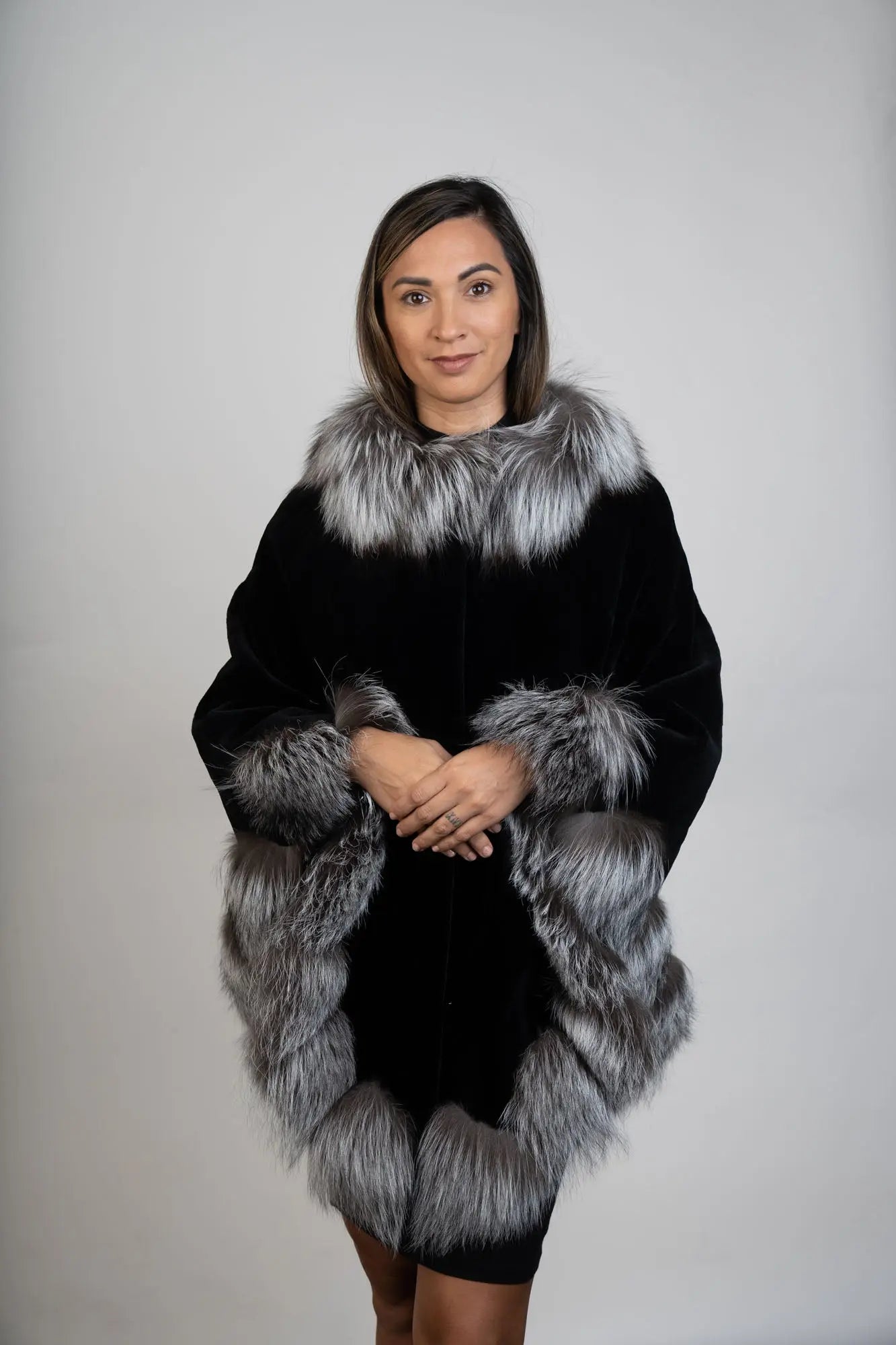 Black Sheared Mink Cape with Silver Fox Trim