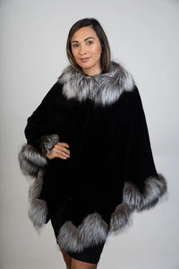 Black Sheared Mink Cape with Silver Fox Trim