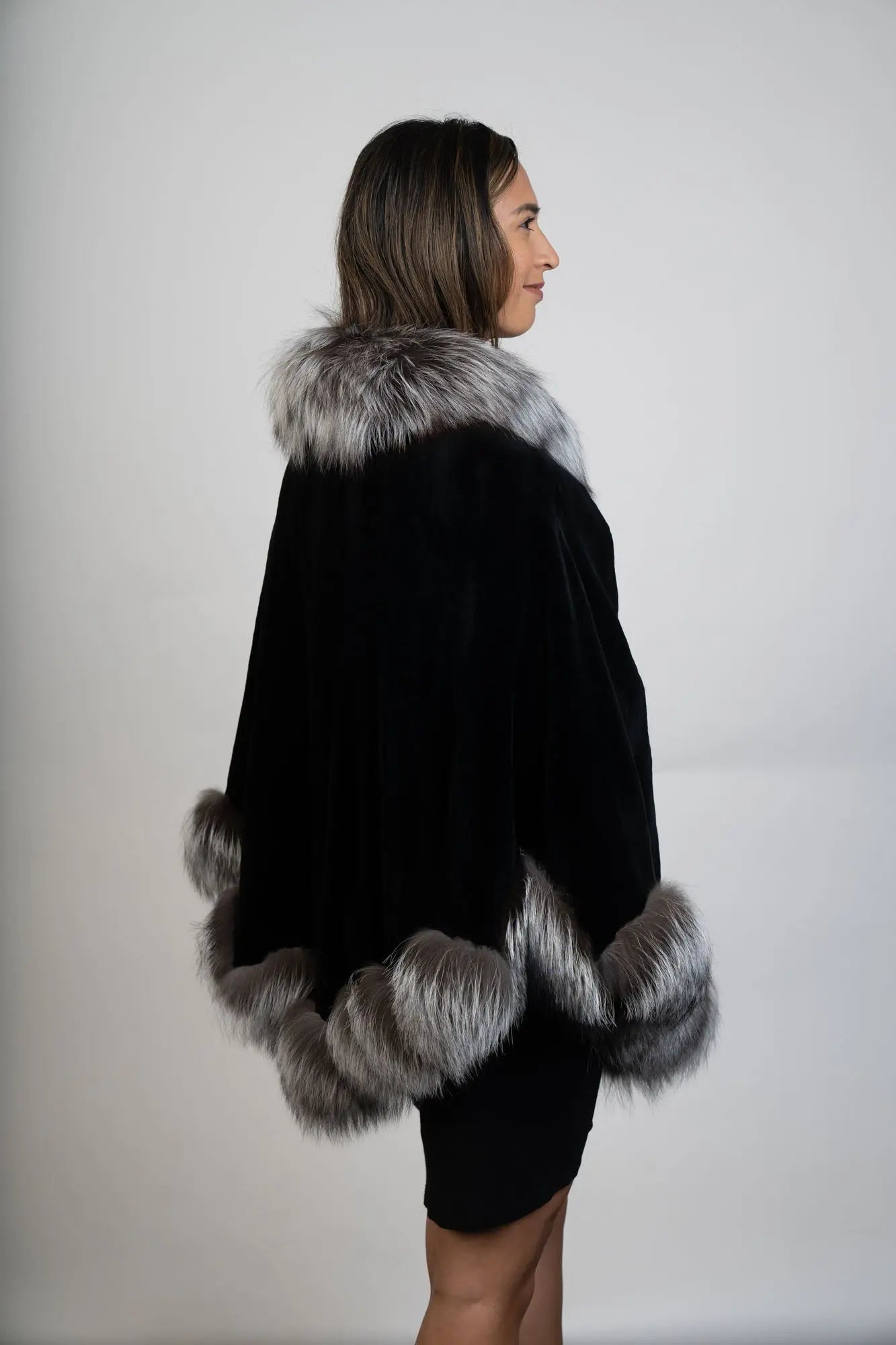 Black Sheared Mink Cape with Silver Fox Trim