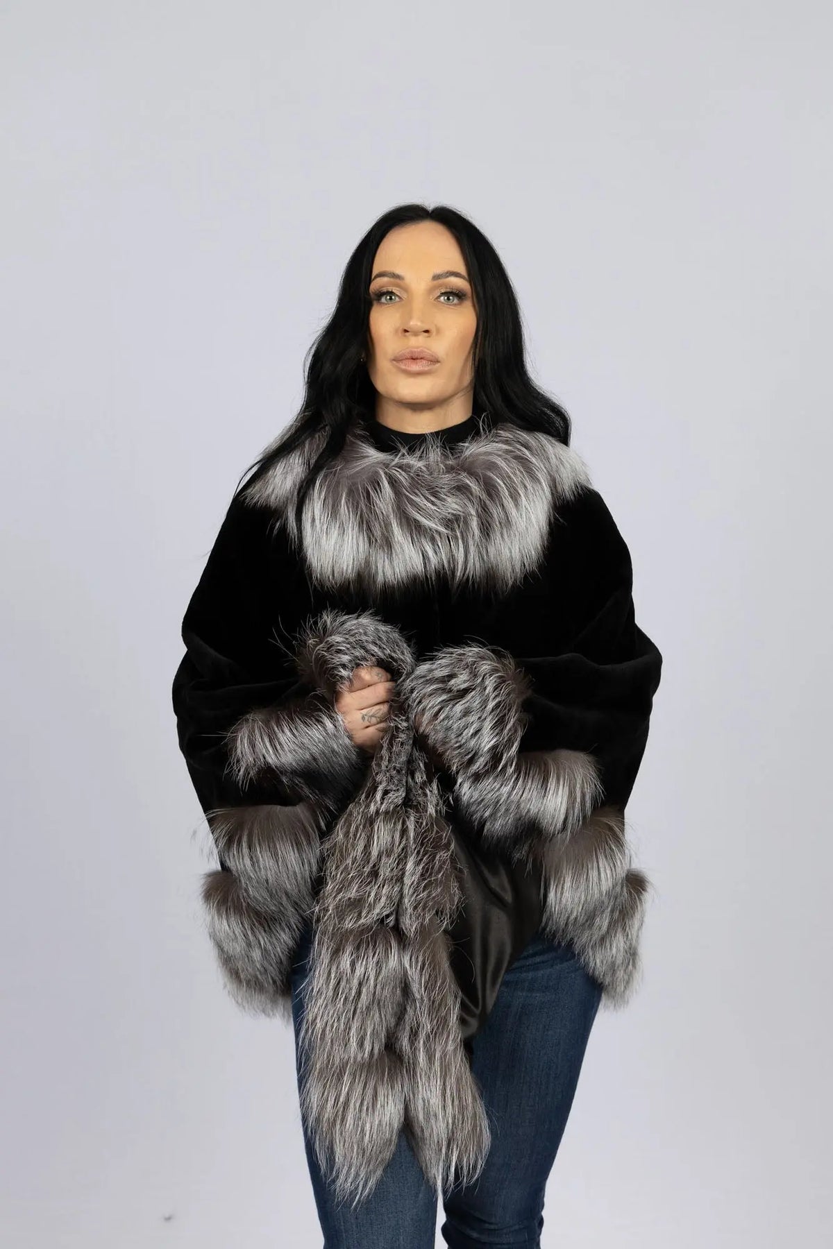 LaBelle Since 1919 Black Sheared Mink Cape with Silver Fox Trim