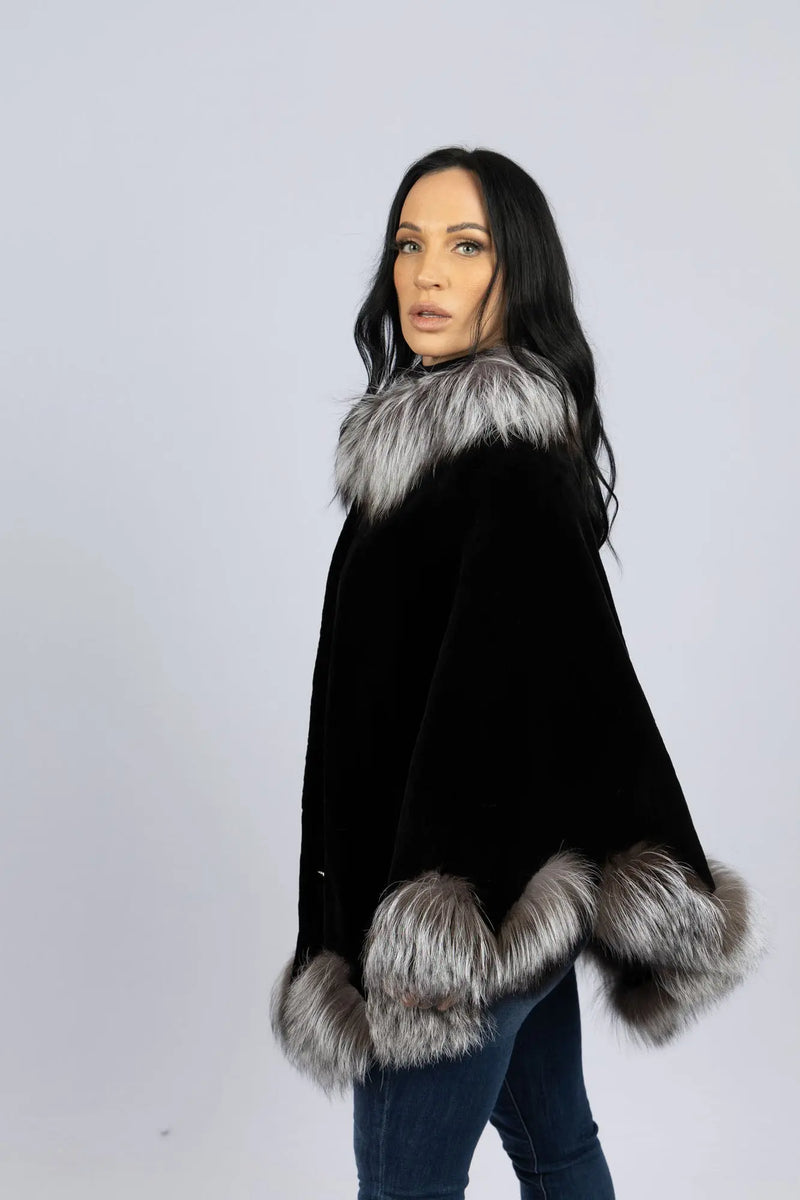 Black Sheared Mink Cape with Silver Fox Trim