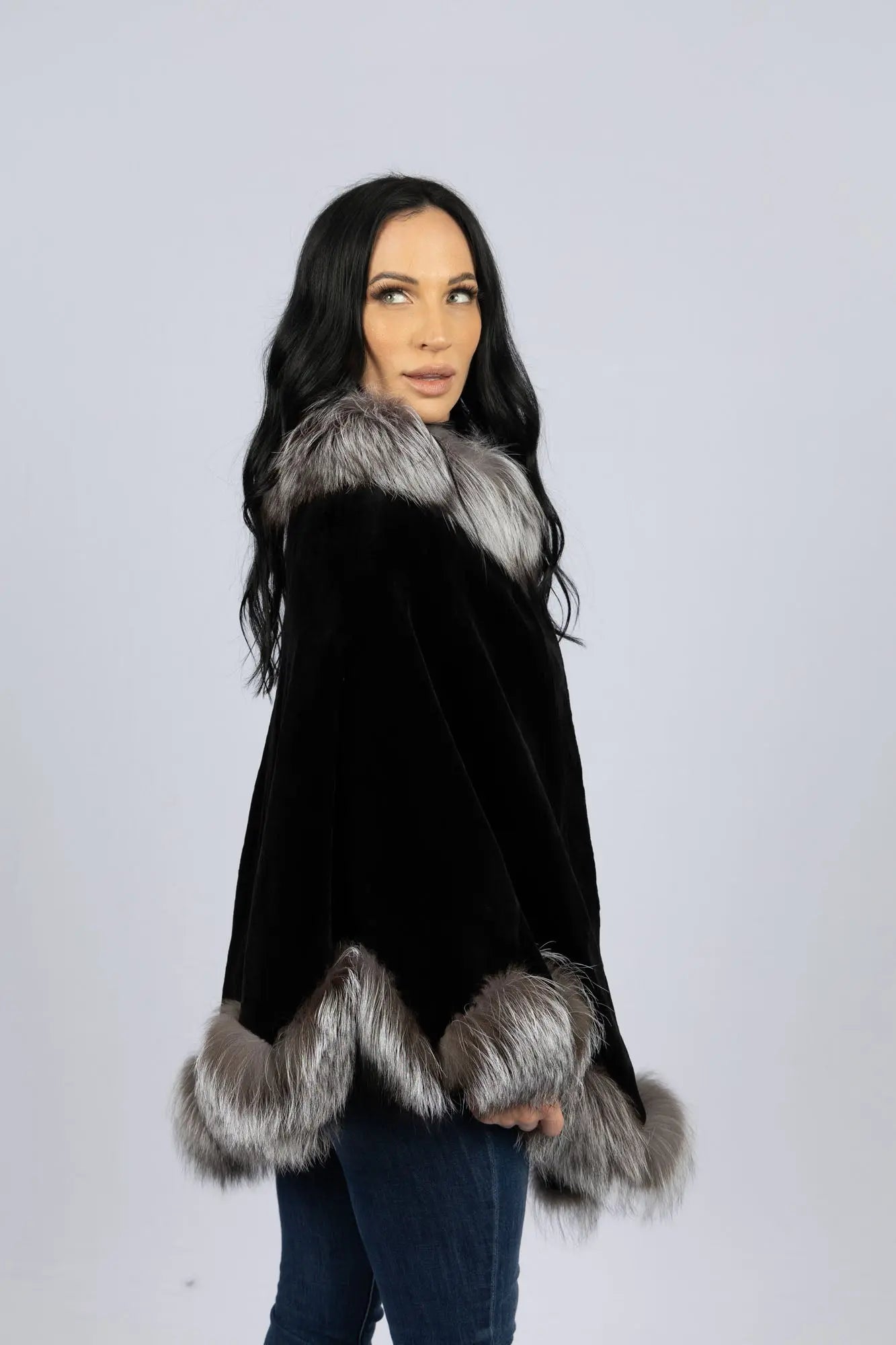 Black Sheared Mink Cape with Silver Fox Trim