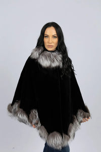 Black Sheared Mink Cape with Silver Fox Trim