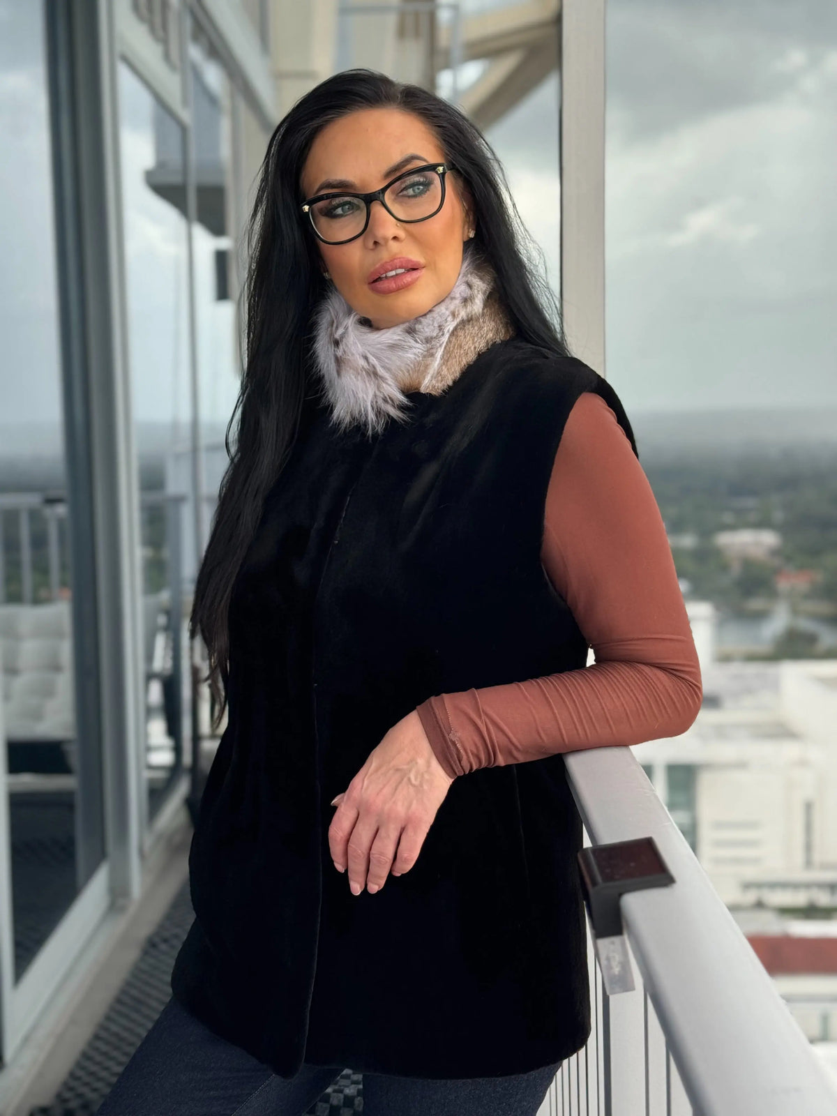 LaBelle Since 1919 Black Sheared Mink Reversible Vest with Lynx Collar