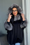 Black Wool & Cashmere Cape with Silver Fox Trim