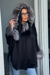 Black Wool & Cashmere Cape with Silver Fox Trim