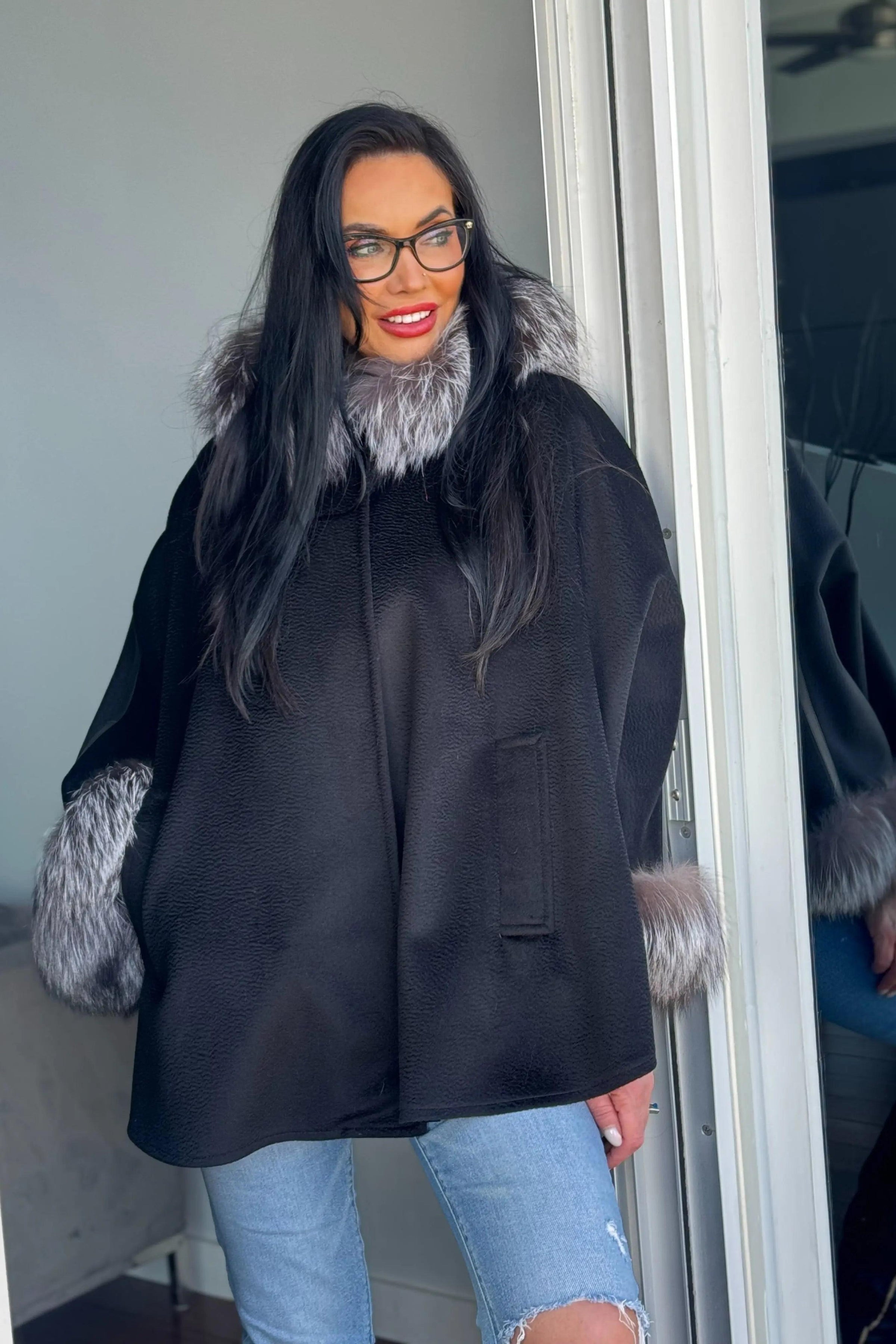 Black Wool & Cashmere Cape with Silver Fox Trim