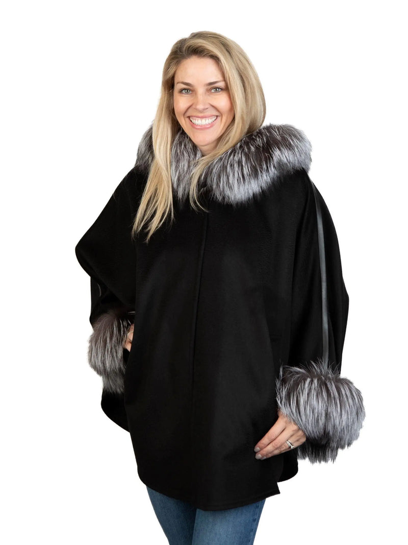 Black Wool & Cashmere Cape with Silver Fox Trim