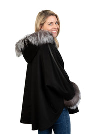 Black Wool & Cashmere Cape with Silver Fox Trim