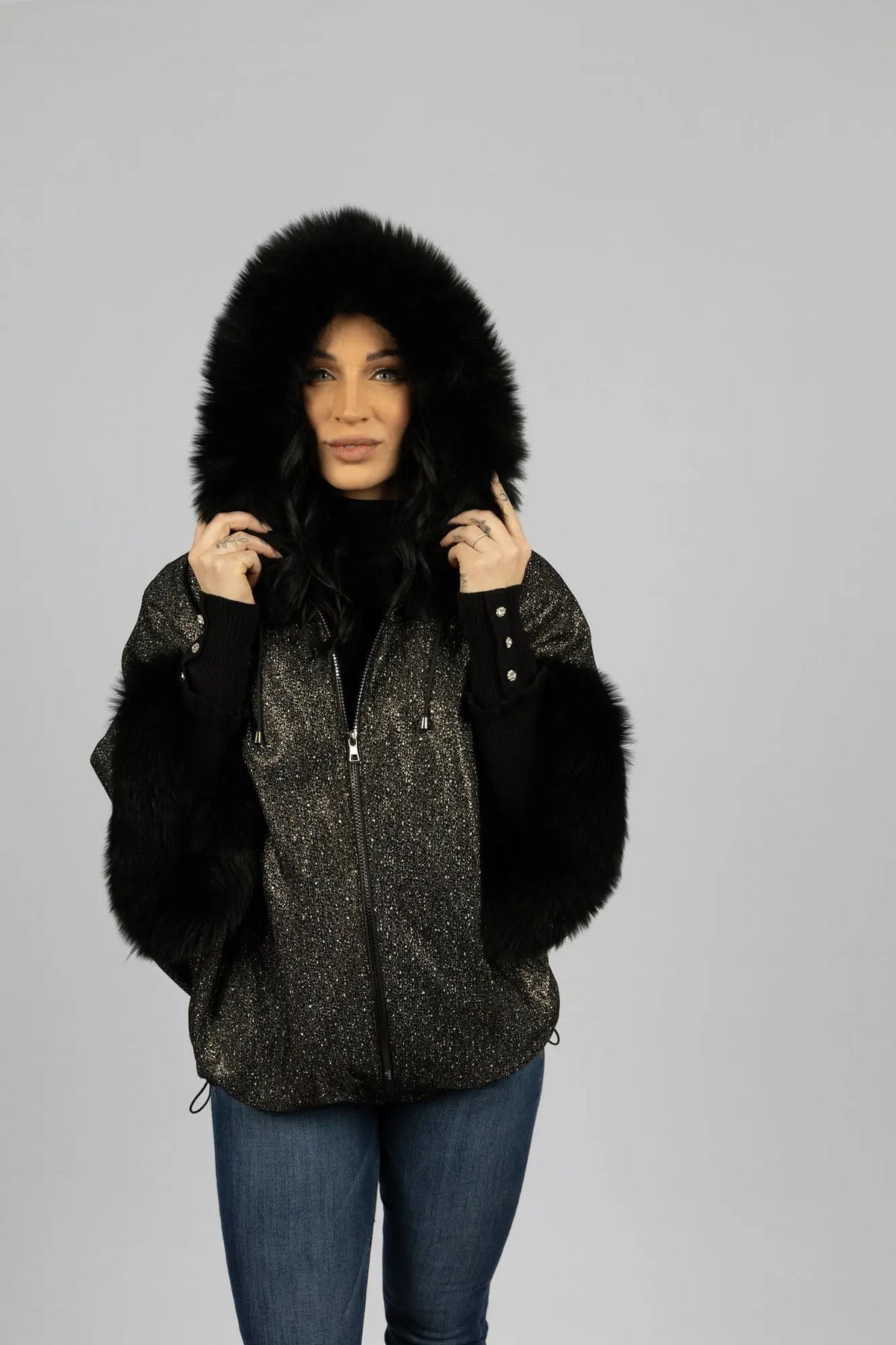 LaBelle Since 1919 Black and Silver Poncho with Hood