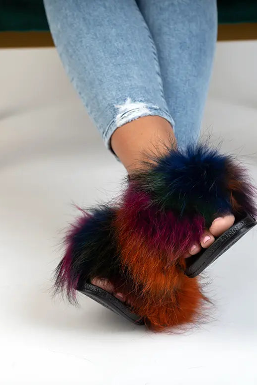 Black with vivacious Rainbow Tips Fox Slippers