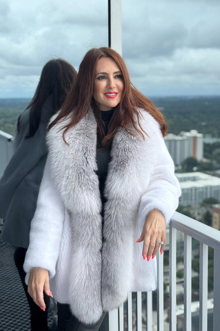 New Bleached White Mink Fur Stroller with Platinum Fox Shawl Tuxedo Front