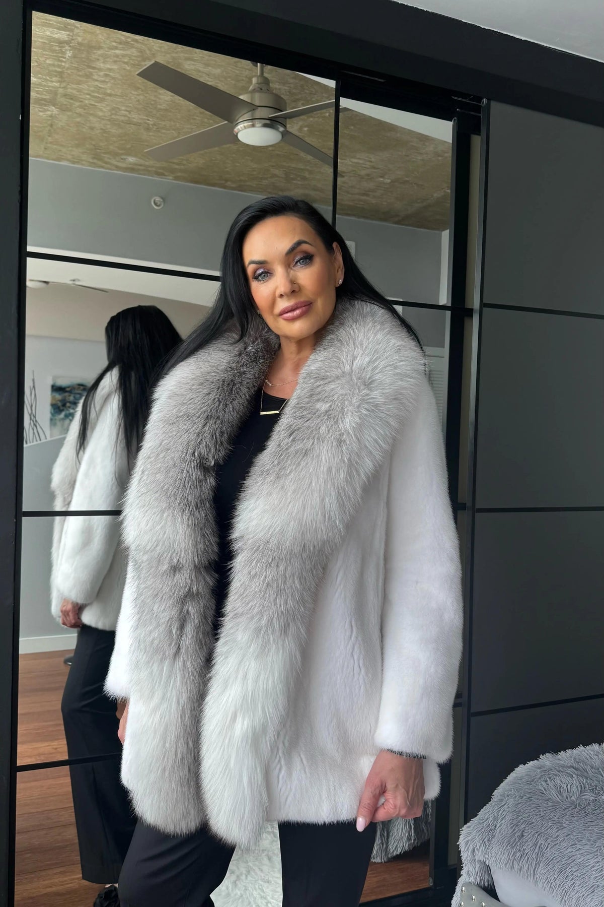 Bleached White Mink Stroller with Platinum Fox Shawl Tuxedo Front