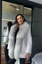 Bleached White Mink Stroller with Platinum Fox Shawl Tuxedo Front