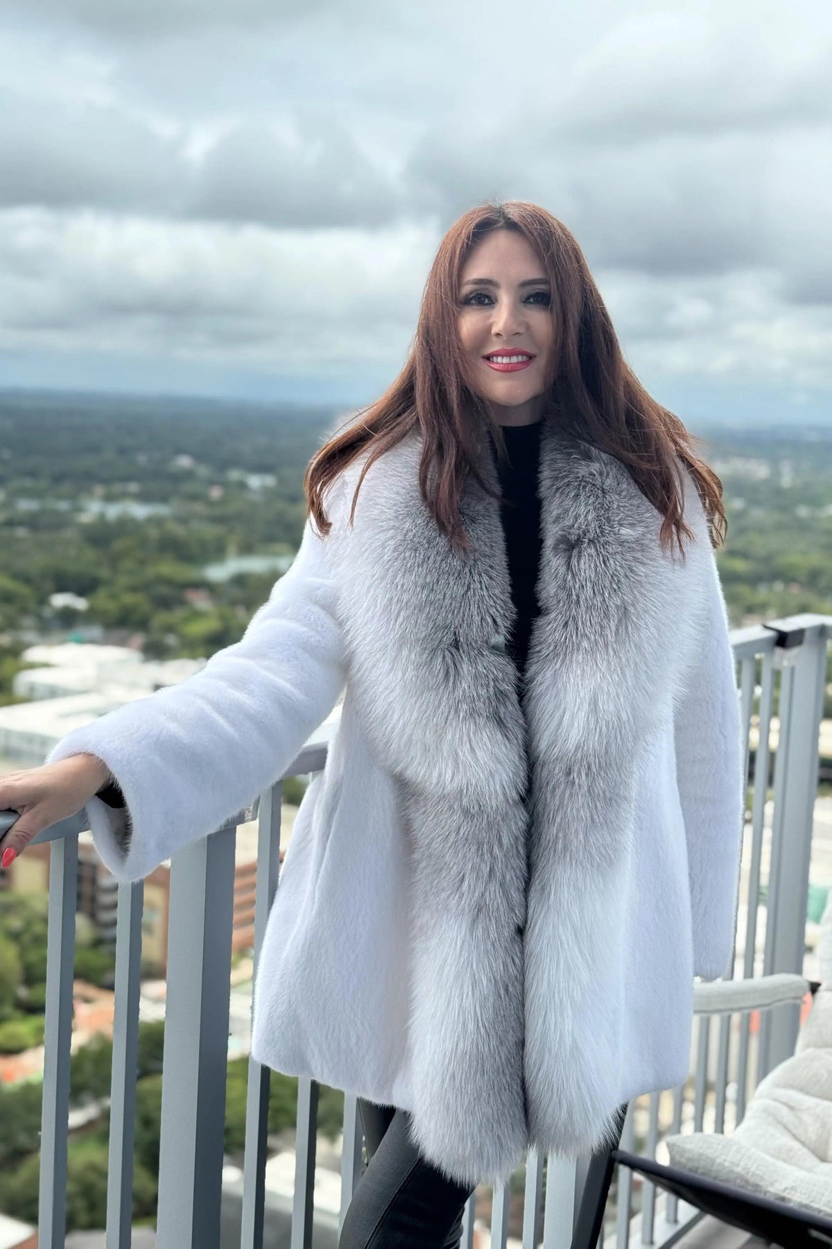 Bleached White Mink Stroller with Platinum Fox Shawl Tuxedo Front