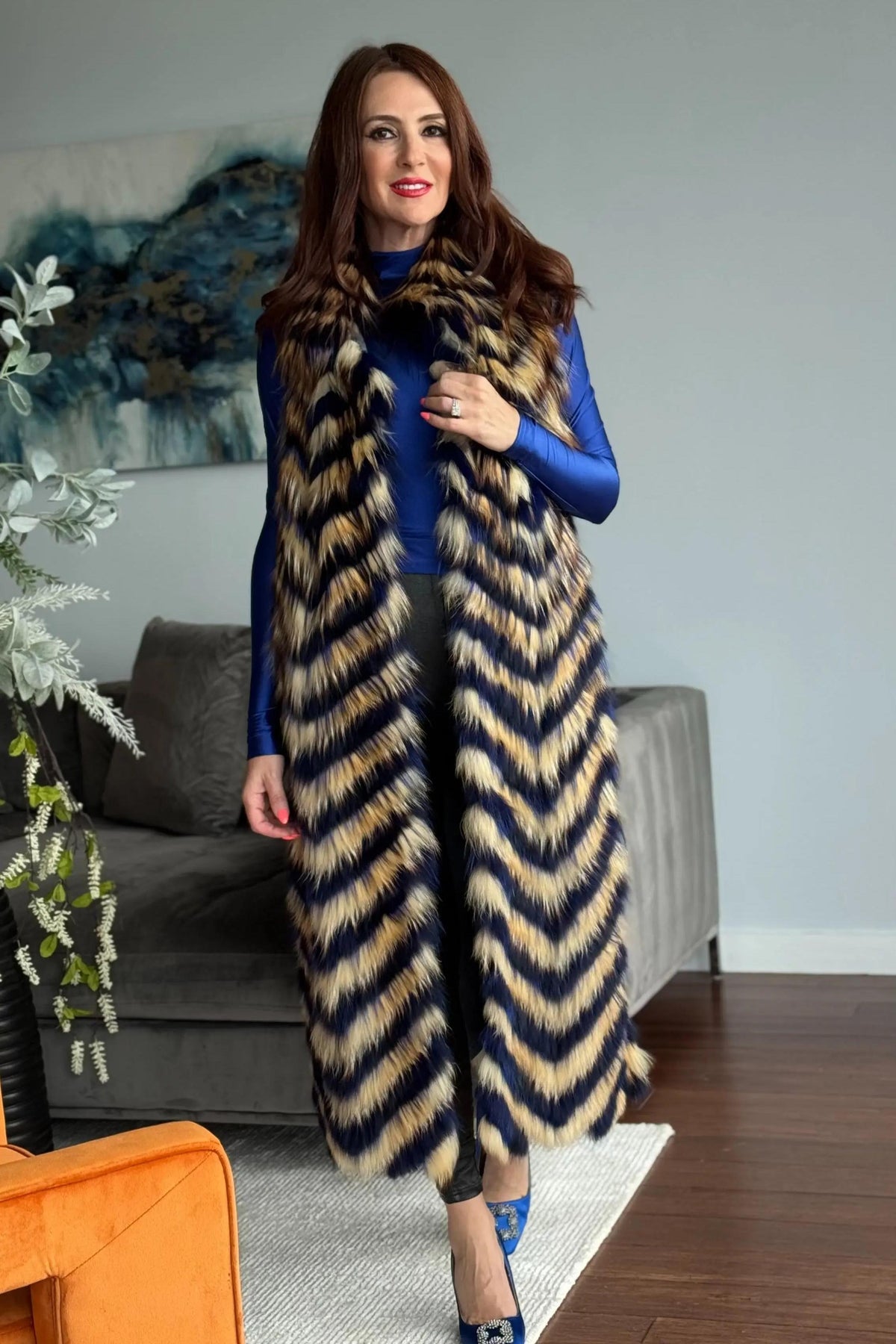 Blue and Gold Fox Feather Long Vest