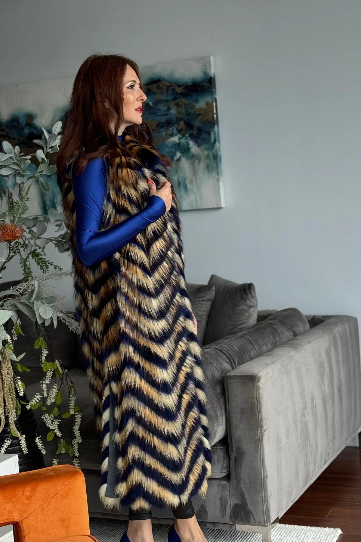 Blue and Gold Fox Feather Long Vest