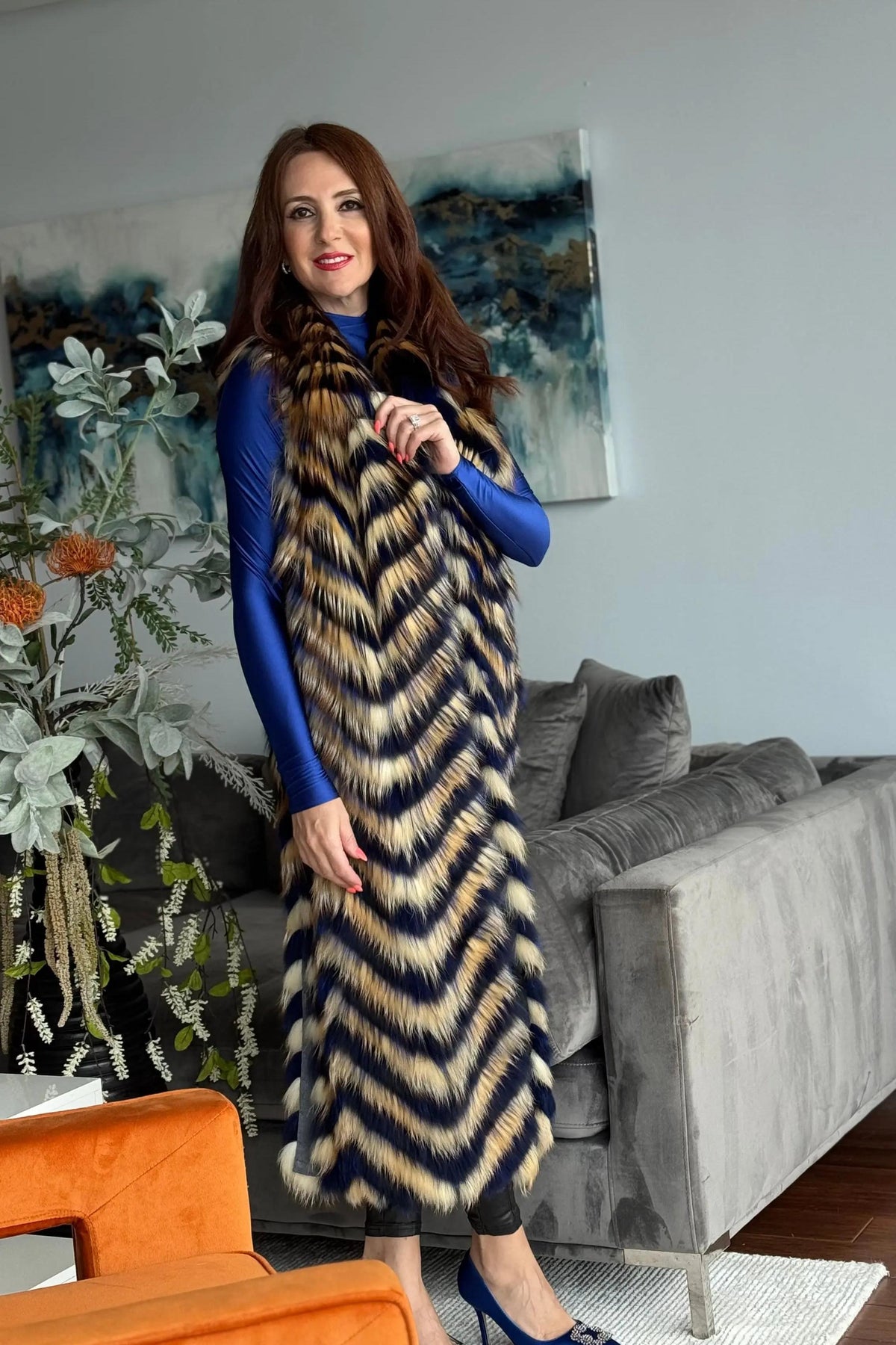 Blue and Gold Fox Feather Long Vest