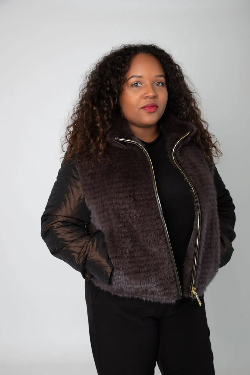 Brown Mink Jacket with Bronze Taffeta Sleeves