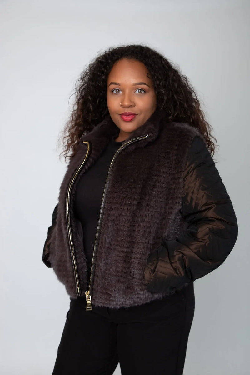 Brown Mink Jacket with Bronze Taffeta Sleeves