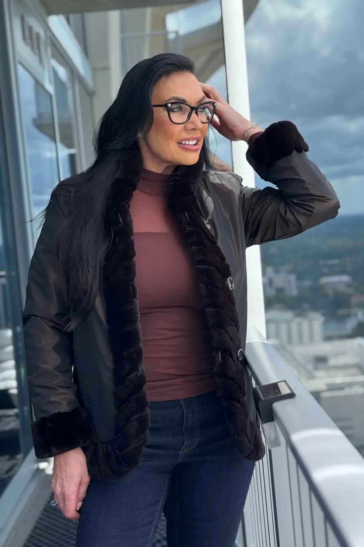 Brown Sheared Mink Reversible Jacket with Rexx Rabbit Trim