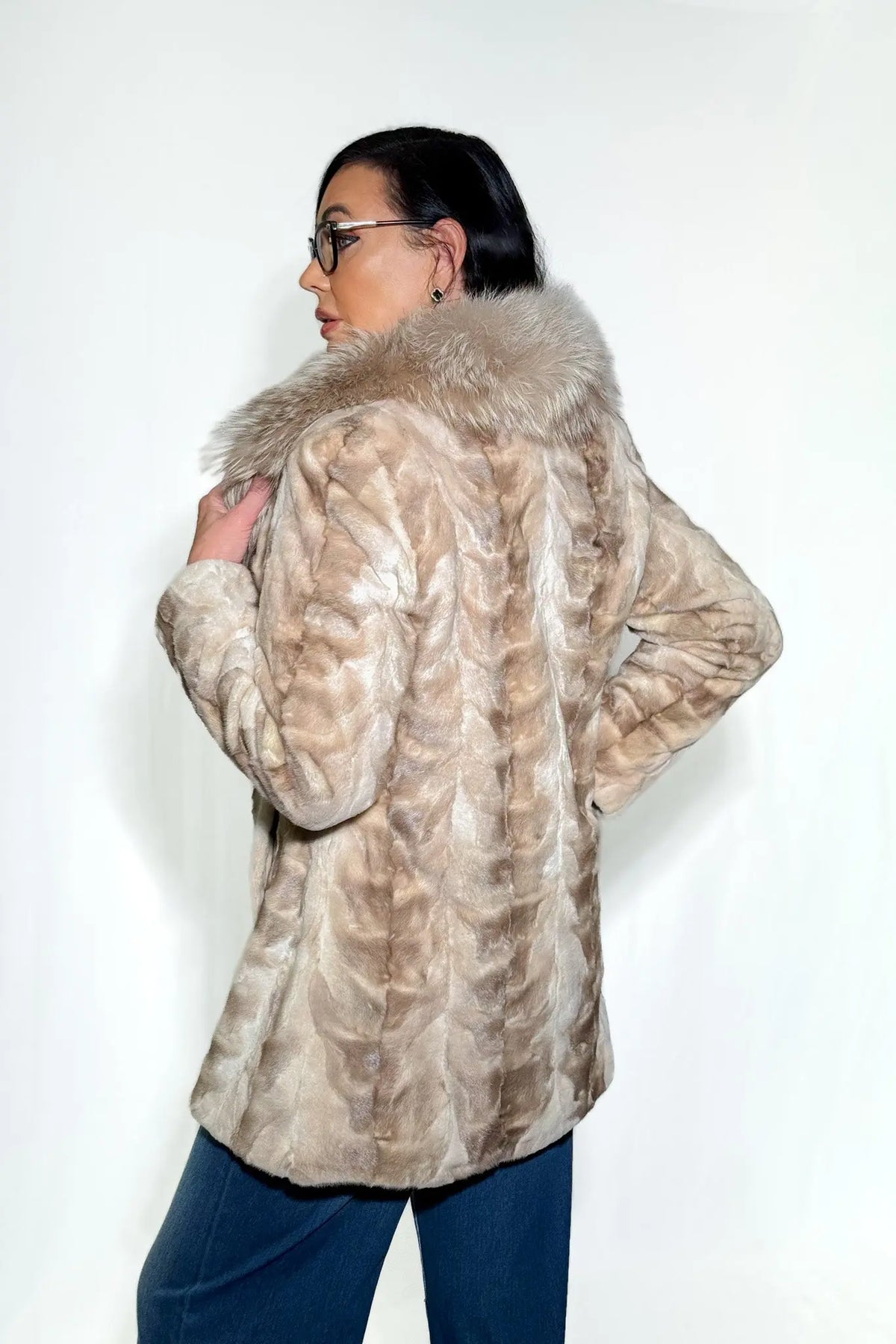 Brushed Silver Sheared Mink Jacket with Silver Fox Collar
