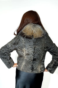 Café Dyed Swakara Bolero Jacket with Silver Fox Shawl Collar