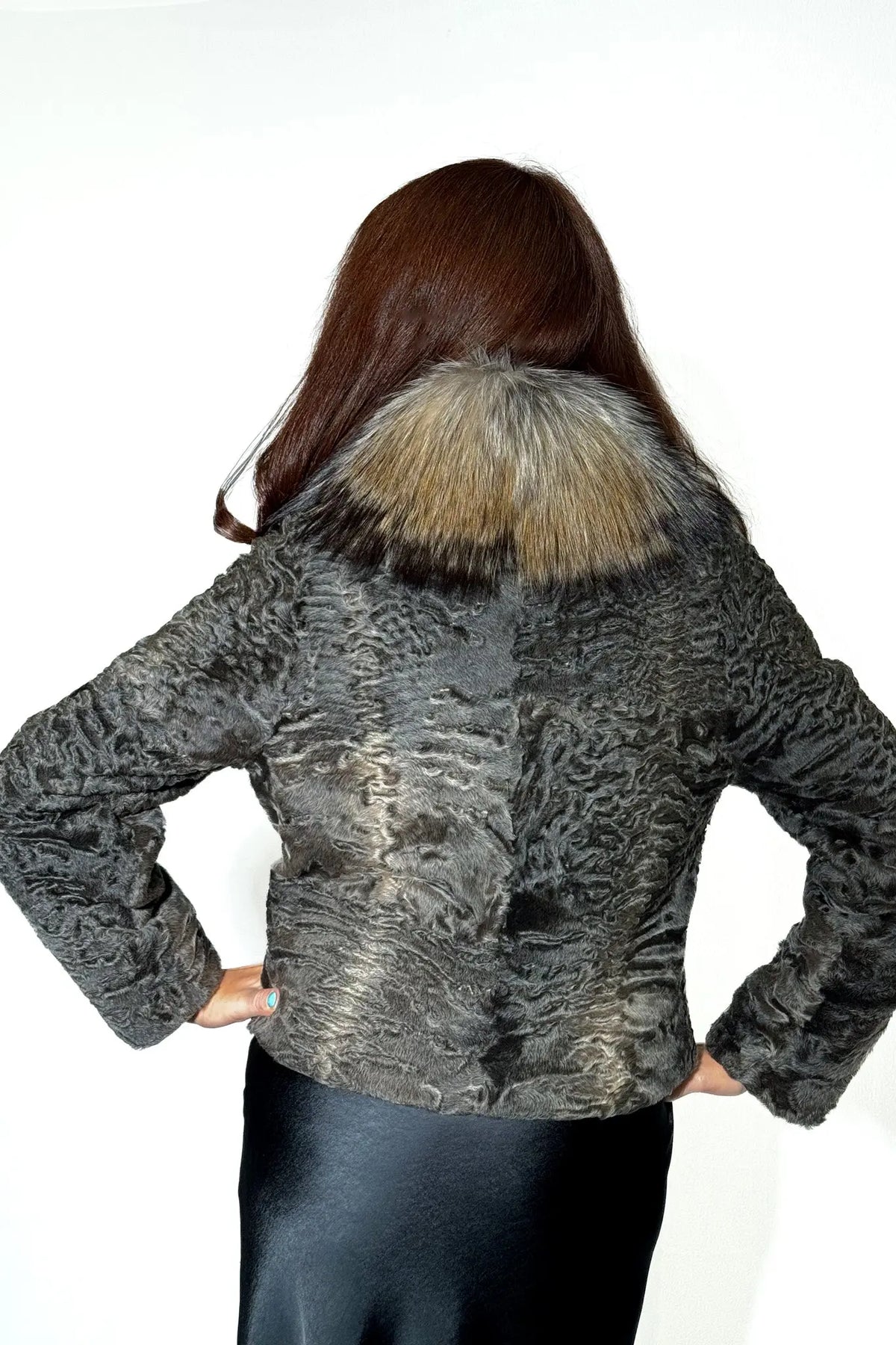 Café Dyed Swakara Bolero Jacket with Silver Fox Shawl Collar
