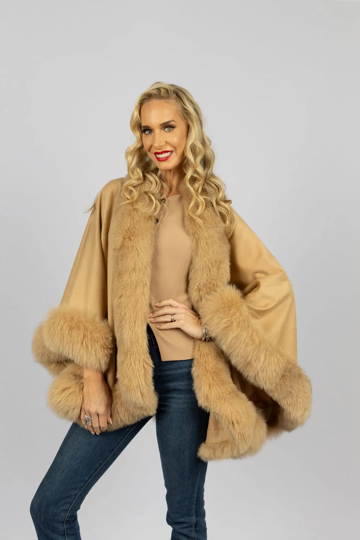 LaBelle Since 1919 Camel 100% Cashmere Cape with Fox Trim