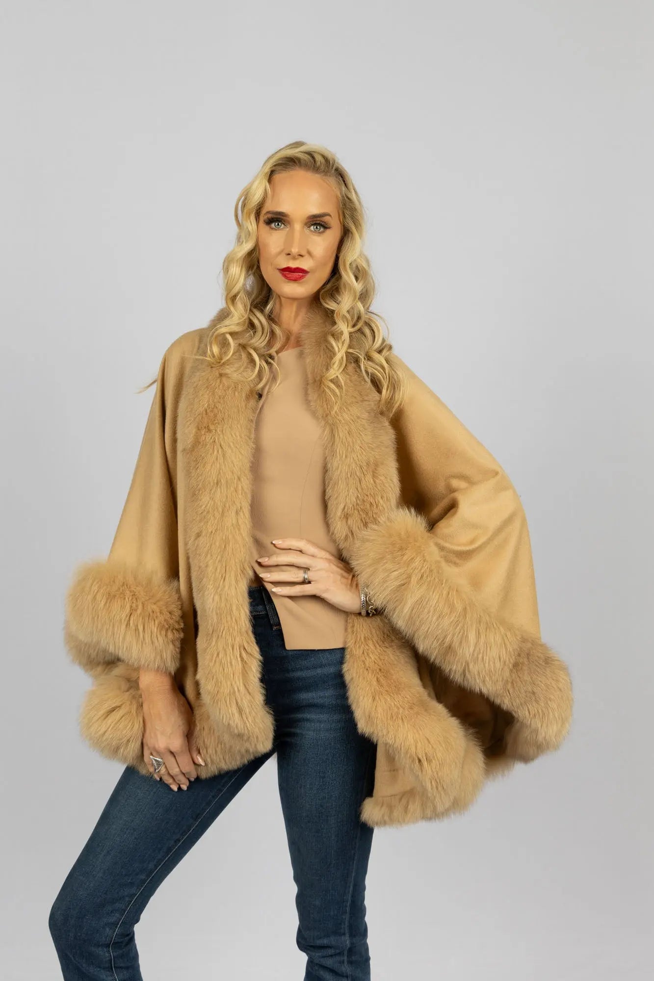 Camel 100% Cashmere Cape with Fox Trim